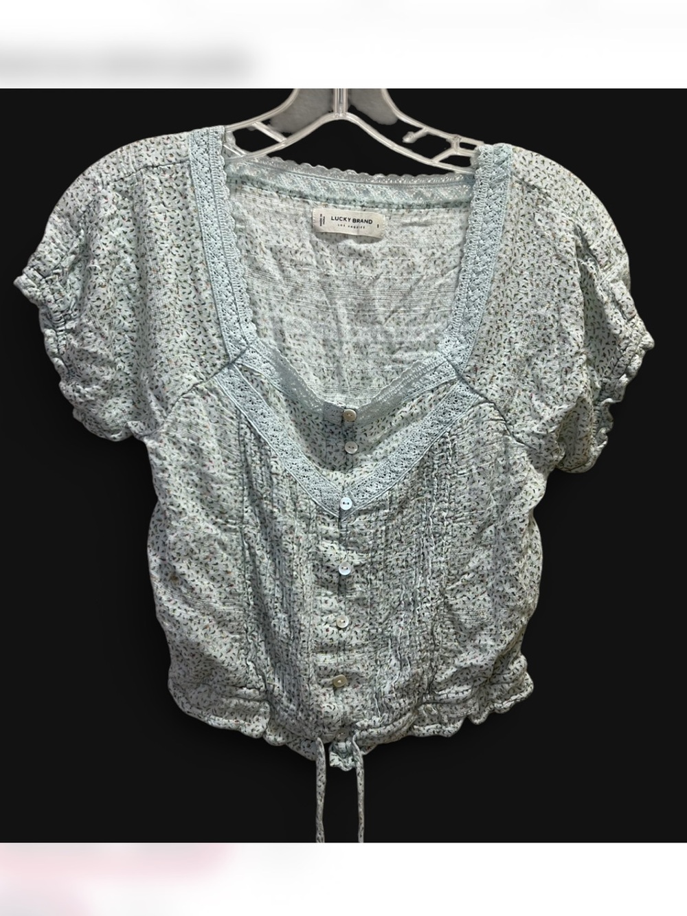 Lucky Brand Boho Pale Blue Floral Lace-Trim Button Crop Blouse Size S